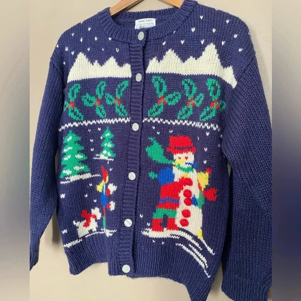 WINDCREST vintage holiday cardigan sweater Snowman hand-knit chunky granny M EUC